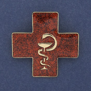 Brooch-Pendant Cross with the Serpent Over the Cup, Red Enamel, Golden Metal, 38x38 mm+