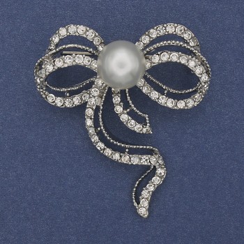 Brooch Pearl Bow with White Crystals Silver-Tone Metal 43×50mm+