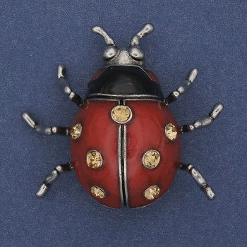 Sun Brooch-Pendant with Red Enamel and Yellow Crystals, Silver-Tone Metal 42x47mm+