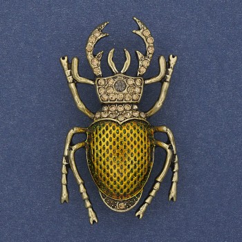 Scarab Beetle Brooch with Yellow Enamel and Crystals, Gold-Tone Metal, 27x46mm+
