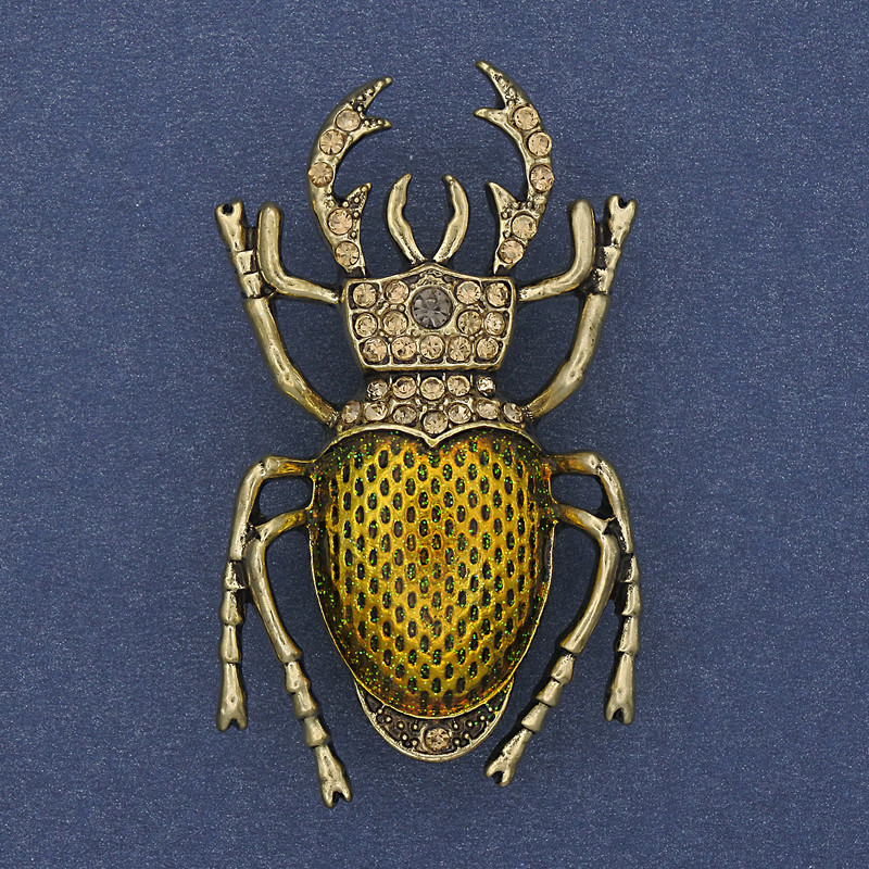 Scarab Beetle Brooch with Yellow Enamel and Crystals, Gold-Tone Metal, 27x46mm+