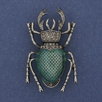 Beetle Scarab Brooch Green Enamel Gray Rhinestones Silver-Toned Metal 27x46mm+