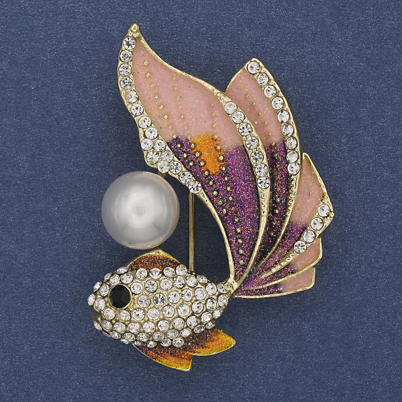 Brooch-pendant Fish pink and purple enamel white crystals pearl gold-tone metal 47x32 mm +