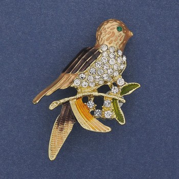Bird Brooch with Colored Enamel, White Crystals, Golden Metal 32x54mm +