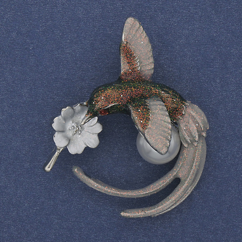 Brooch Hummingbird green-gray and silver enamel, pearl, silver metal 35x43 mm +