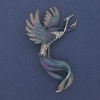 Bird Brooch with Blue and Gray Enamel, Crystals, Silver-Tone Metal 43×67 mm +