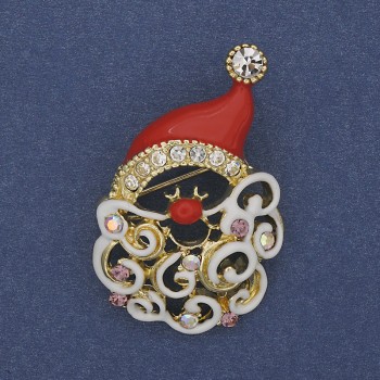 Brooch Santa Christmas red enamel rhinestones gold-tone metal 26x38mm +