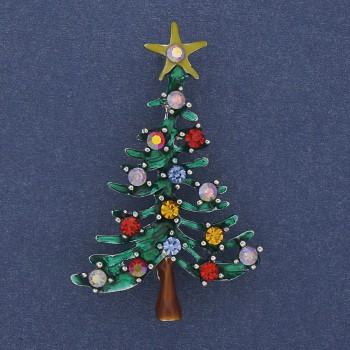 Christmas Tree Brooch, Green Enamel, Multicolor Crystals, Gold-Tone Metal, 32x49 mm +
