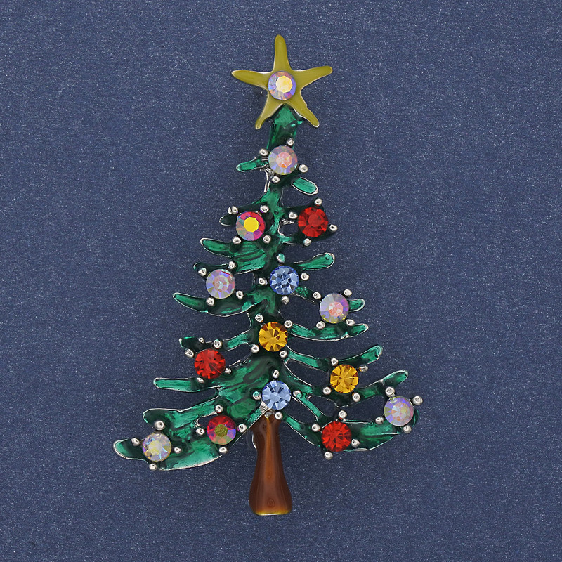 Christmas Tree Brooch, Green Enamel, Multicolor Crystals, Gold-Tone Metal, 32x49 mm +