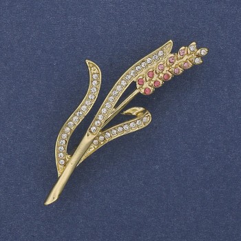 Brooch Wheat Ear with Pink and White Crystals, Golden Metal 20x53mm+