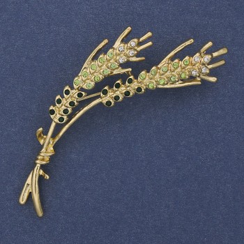 Brooch 'Wheat Ears' with green and white crystals on gold-tone metal 18x65mm+