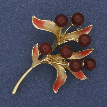 Sprig Carnelian Enamel Brooch 42×55 mm ± Gold-Tone Metal