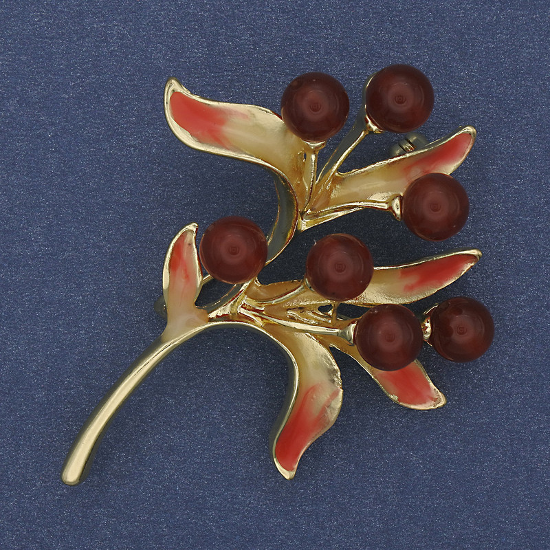 Sprig Carnelian Enamel Brooch 42×55 mm ± Gold-Tone Metal