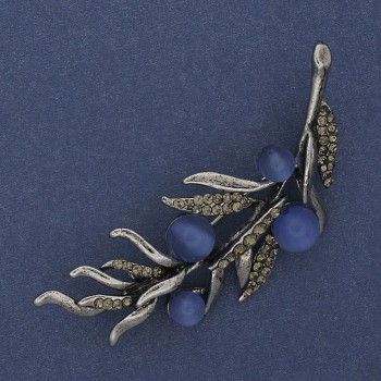 Twig Brooch with Blue Cat's Eye, Gray Rhinestones, 67x26mm, Silver-Toned Metal
