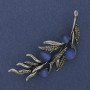 Twig Brooch with Blue Cat's Eye, Gray Rhinestones, 67x26mm, Silver-Toned Metal