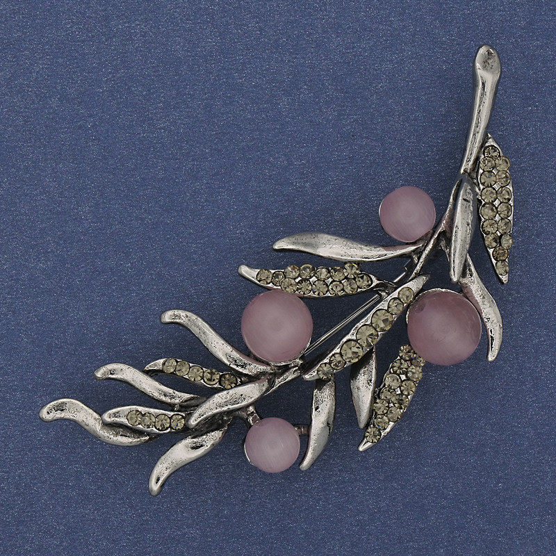 Twig Brooch with Pink Cat's Eye and Gray Rhinestones, 67×26 mm, Silver Metal