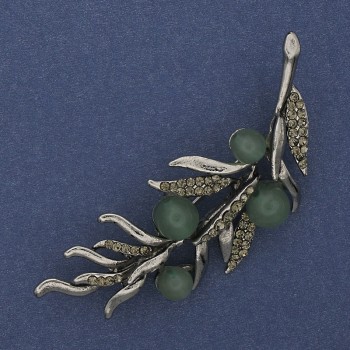 Twig Brooch with Nephrite and Gray Crystals, 67x26mm, Silver-Colored Metal