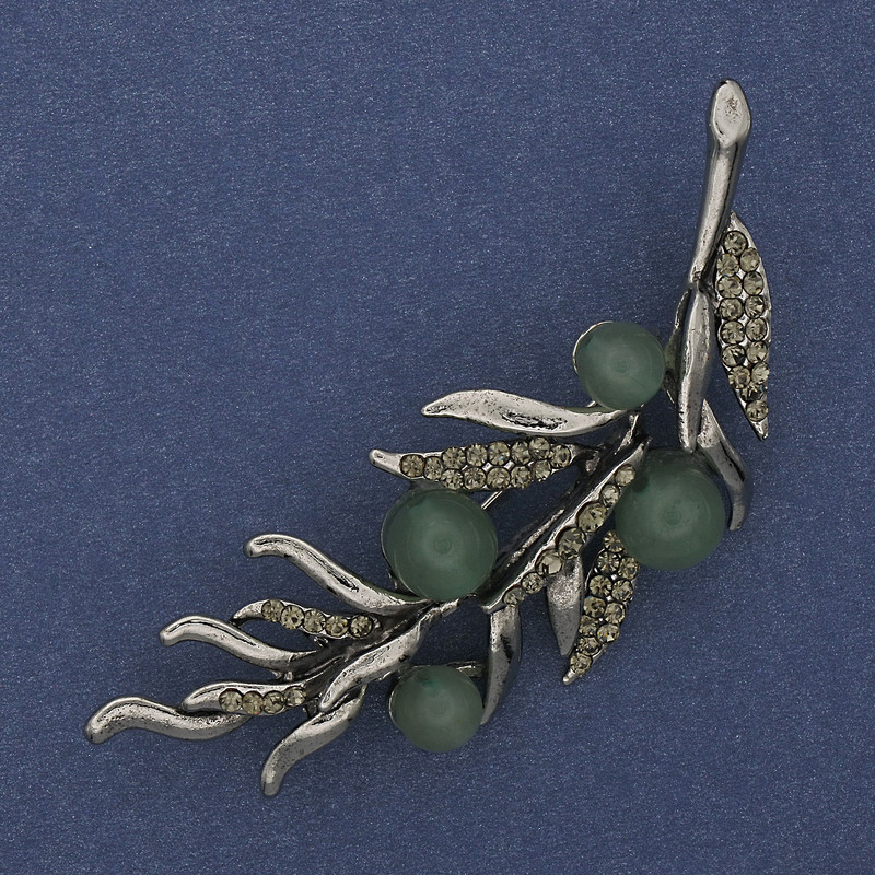 Twig Brooch with Nephrite and Gray Crystals, 67x26mm, Silver-Colored Metal