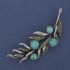 Brooch 'Turquoise Sprig' with Gray Crystals, 67x26 mm, Silver-Colored Metal