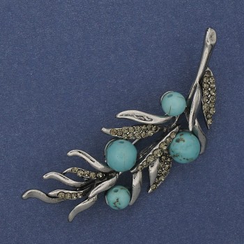 Brooch 'Turquoise Sprig' with Gray Crystals, 67x26 mm, Silver-Colored Metal