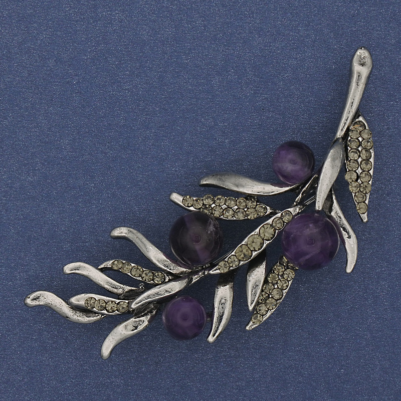 Amethyst Twig Brooch with Gray Crystals, 67x26mm, Silver-Toned Metal