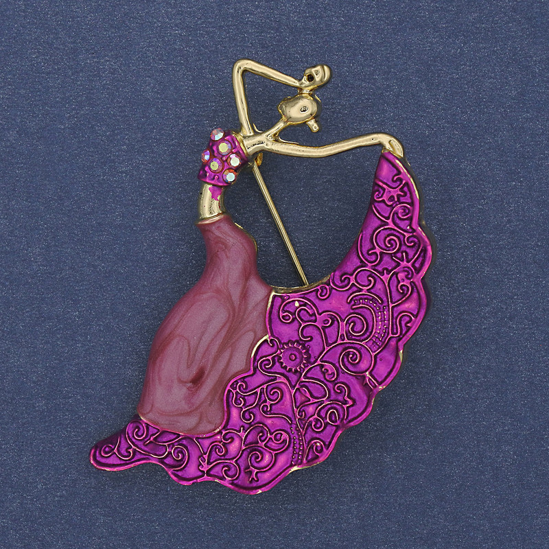 Brooch 'Dancer' lilac enamel and crystals gold-tone metal 26x46mm+