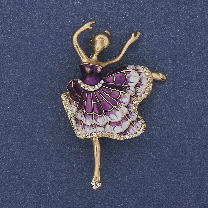 Brooch Ballerina purple and white enamel, white crystals, gold-tone metal 35x50mm+