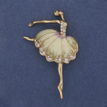 Brooch 'Ballerina' beige enamel and white crystals on gold-toned metal 35x56mm+