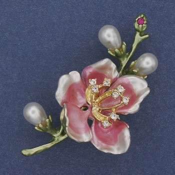 Pink and Green Enamel Brooch with Pearls and Crystals, Gold-tone Metal 28×55 mm