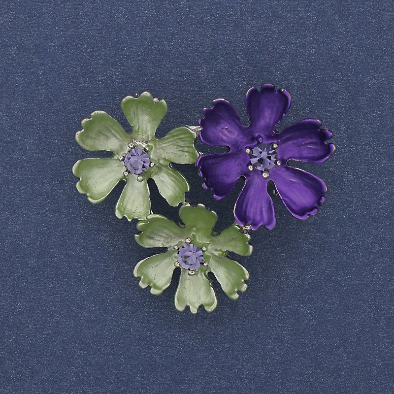 Brooch-pendant with green and purple enamel, purple crystals, silver-toned metal, 31x34 mm+