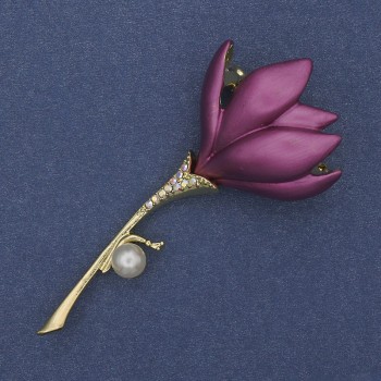 Brooch pendant Flower lilac enamel Pearl crystals golden metal 29x64mm+