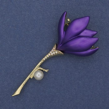 Brooch-pendant Flower purple enamel Pearl crystals gold-tone metal 29x64mm+