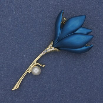 Flower Blue Enamel Brooch-Pendant with Pearl and Crystals, Gold-Tone Metal, 29x64mm+