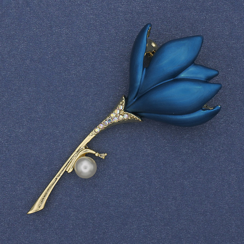 Flower Blue Enamel Brooch-Pendant with Pearl and Crystals, Gold-Tone Metal, 29x64mm+