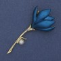 Flower Blue Enamel Brooch-Pendant with Pearl and Crystals, Gold-Tone Metal, 29x64mm+