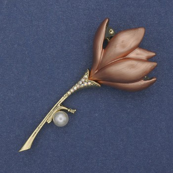 Flower Brooch-Pendant Beige Enamel Pearl Crystals Gold-Tone Metal 29x64mm+