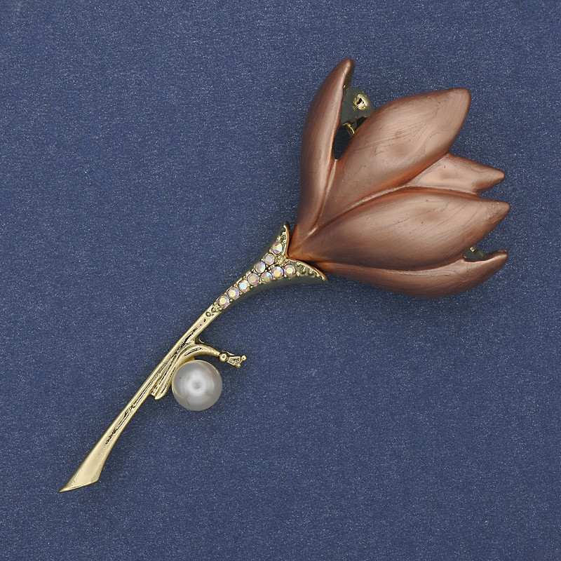 Flower Brooch-Pendant Beige Enamel Pearl Crystals Gold-Tone Metal 29x64mm+