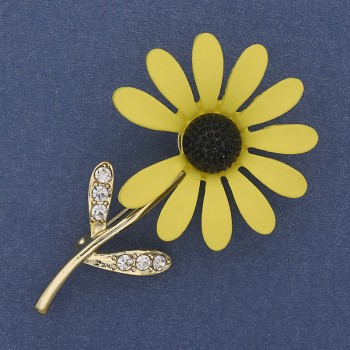 Daisy Brooch yellow enamel white crystals golden metal 65x39mm+