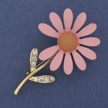 Brooch Daisy pink enamel white crystals gold-tone metal 65x39mm+