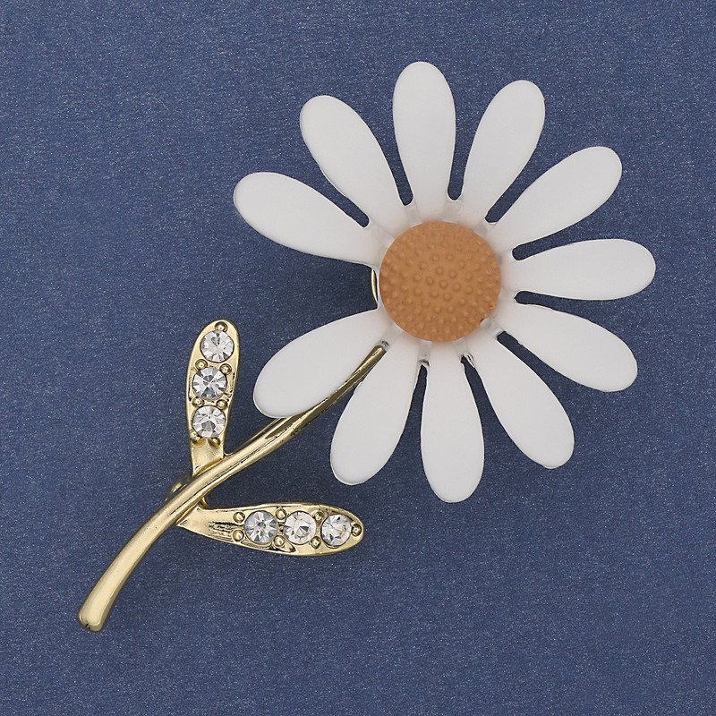 Brooch Daisy white enamel white crystals golden metal 65x39mm+