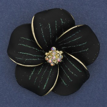 Brooch pendant Flower black matte enamel iridescent crystals gold-tone metal 49x49mm+