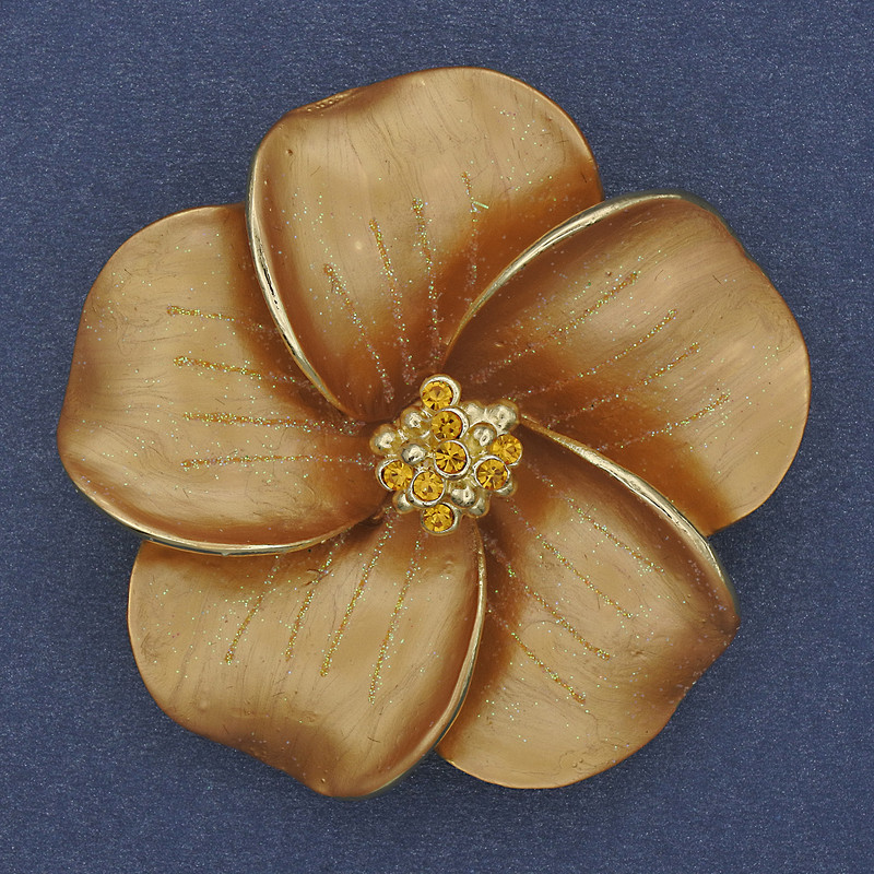 Brooch pendant Flower beige matte enamel yellow crystals golden metal 49×49mm+
