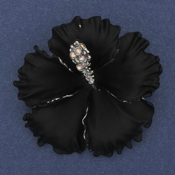 Brooch pendant 'Petunia Flower' black matte enamel rainbow crystals silver-tone metal 51x51mm+