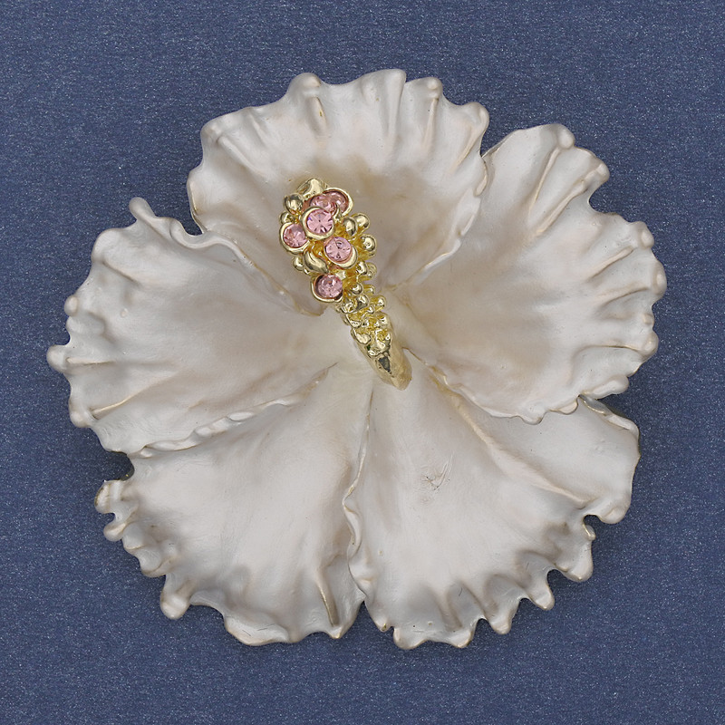 Brooch Pendant Petunia Flower White Matte Enamel with Pink Crystals Gold-Tone Metal 51x51mm+