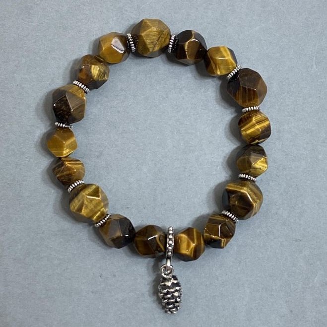 Tiger's Eye Bracelet with Faceted Beads 9×8 mm ± 12×10 mm ± with Metal Inserts, length 18 mm ± Stretch