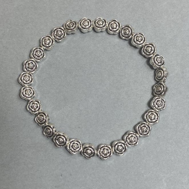 Rose Bead Bracelet 7mm +/- Silver-Tone Metal, Length 18mm +/- Stretch