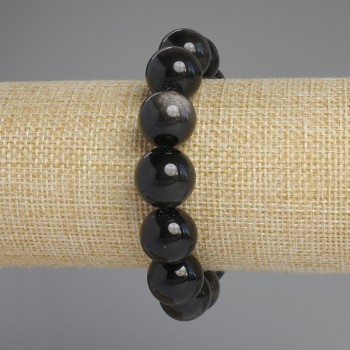 Natural Obsidian Bracelet with Silver-Gray Smooth Beads, 14 mm Diameter, 18 cm Length +