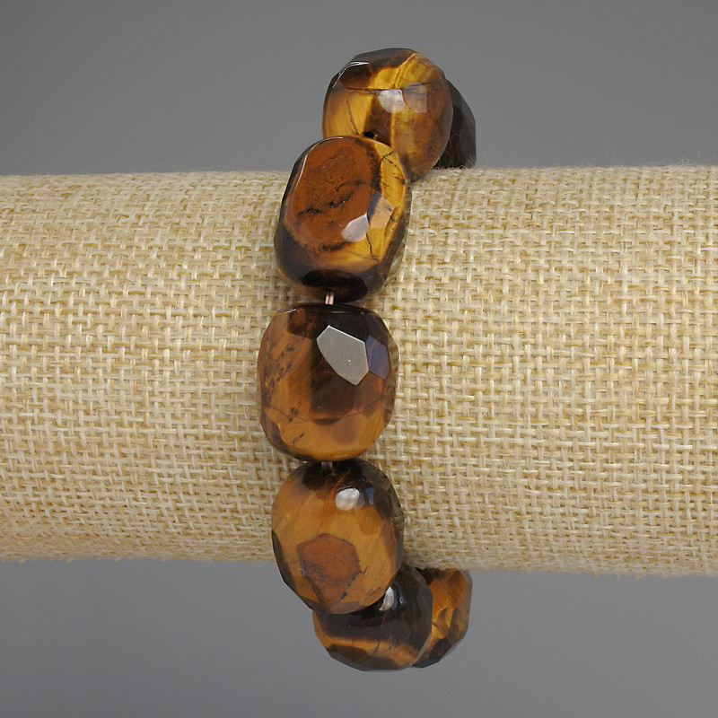 Tiger's Eye Bracelet, Faceted Rondel Beads, Diameter 17-22×14-16 mm, Length 18 mm +/-, Elastic