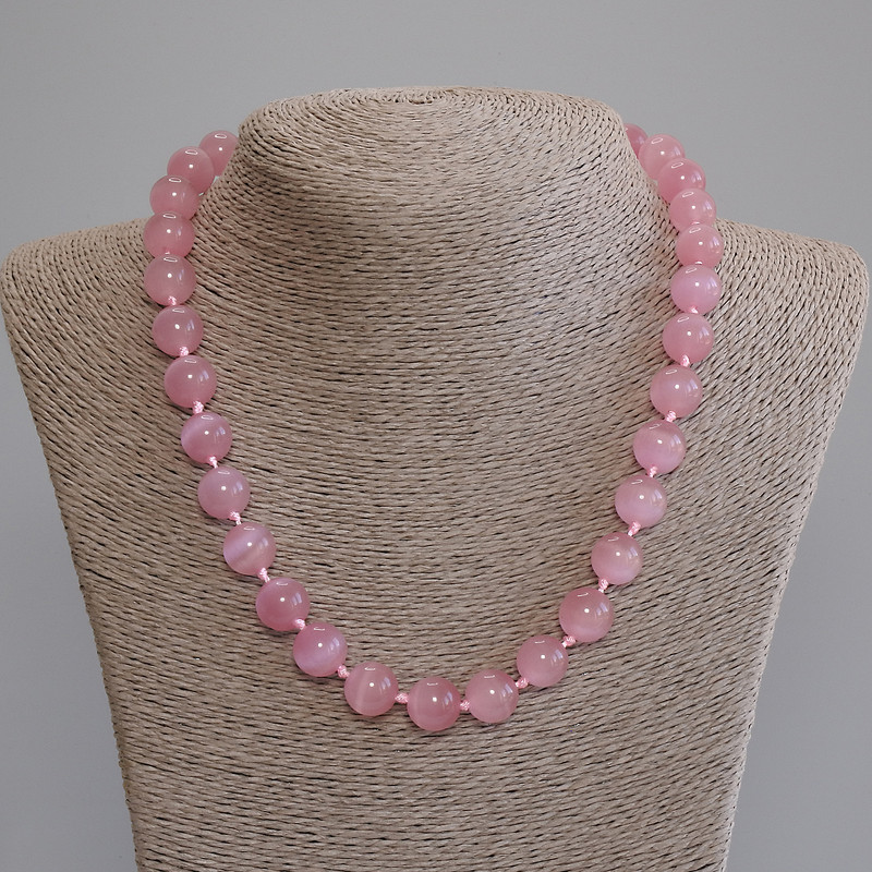Pink Cat's Eye Bead Necklace, smooth beads, 12 mm diameter, 50 cm length, with clasp