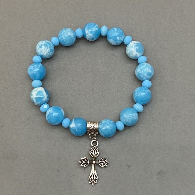 Larimar Bracelet (Imitation) Bead 10mm + Czech Glass Rondelle 6x5mm + with Metal Inserts, Length 18mm + Stretch